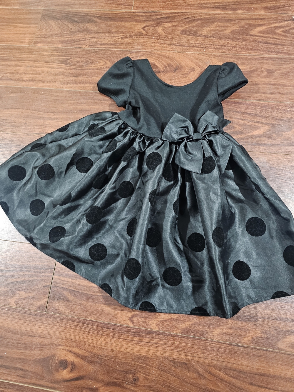 H&M Little Girls Black Polka Dot Satin Bow Party Dress Sz 5T/6
